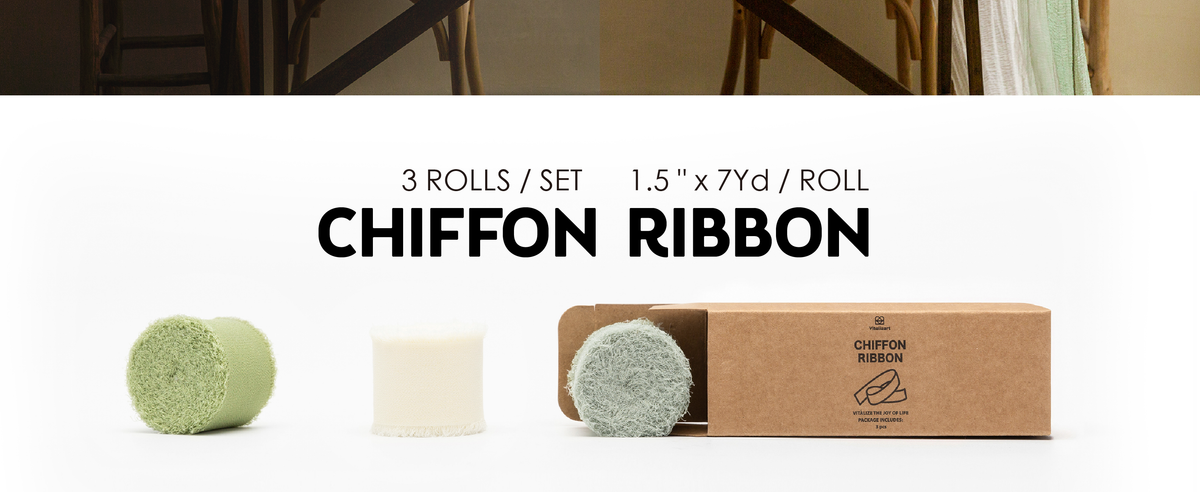 Three rolls of light green, cream, and pale sage fringed chiffon ribbon beside kraft packaging.