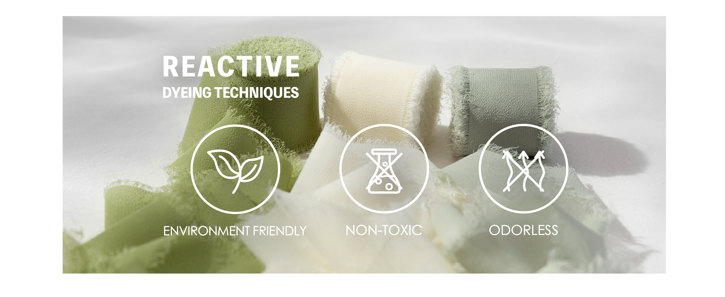 Green, cream, and pale sage fringed chiffon ribbons with icons for dyeing-related product features.