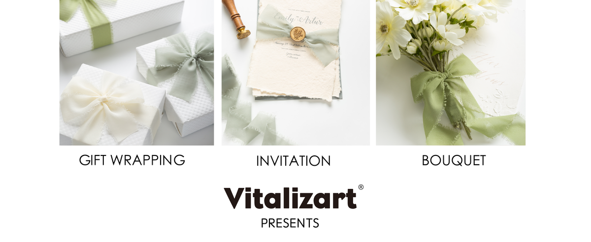 Green and cream frayed ribbon used on gift boxes, an invitation, and a white flower bouquet