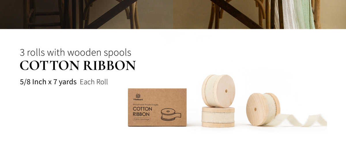 Three rolls of cream white cotton fringe ribbon shown with wooden spools and product size details