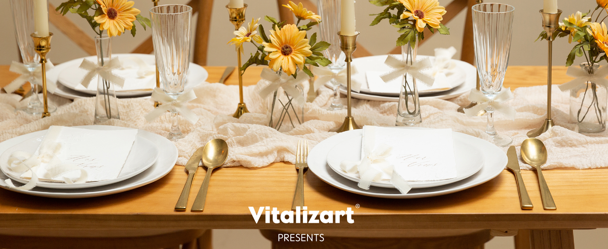 Cream white cotton fringe ribbon woven through a warm dining table with flowers and candles