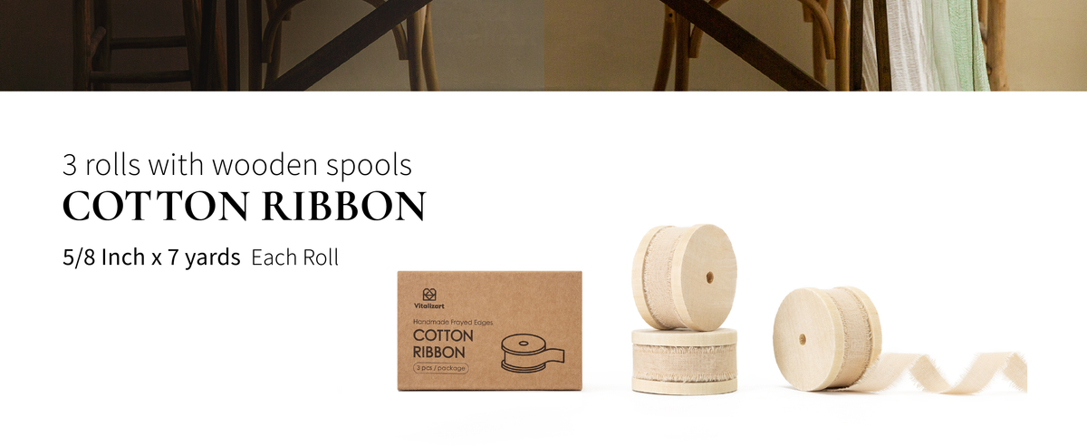 Three wooden spools of light nude frayed cotton ribbon, each measuring 5/8 inch by 7 yards.