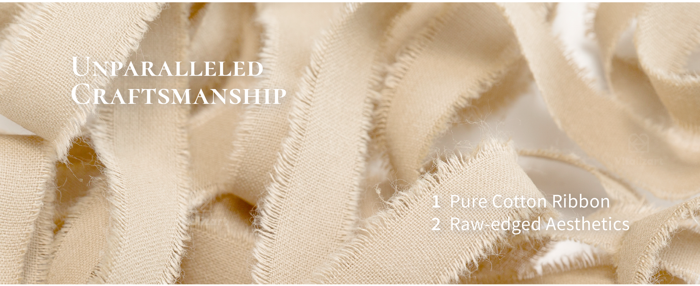 Close-up of light nude woven cotton ribbon with soft, naturally frayed raw edges