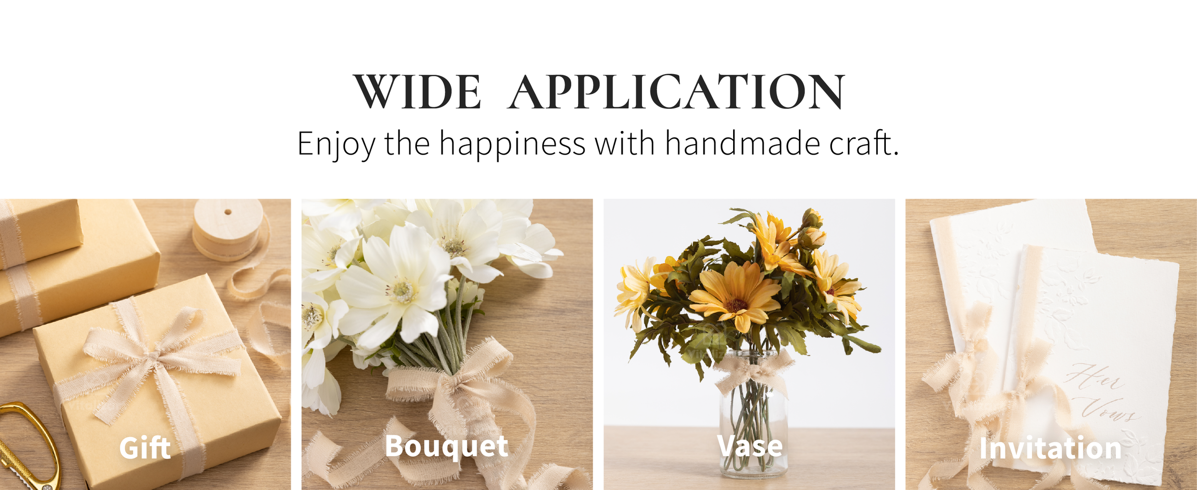 Light nude fringed cotton ribbon tied around a kraft gift and a white flower bouquet
