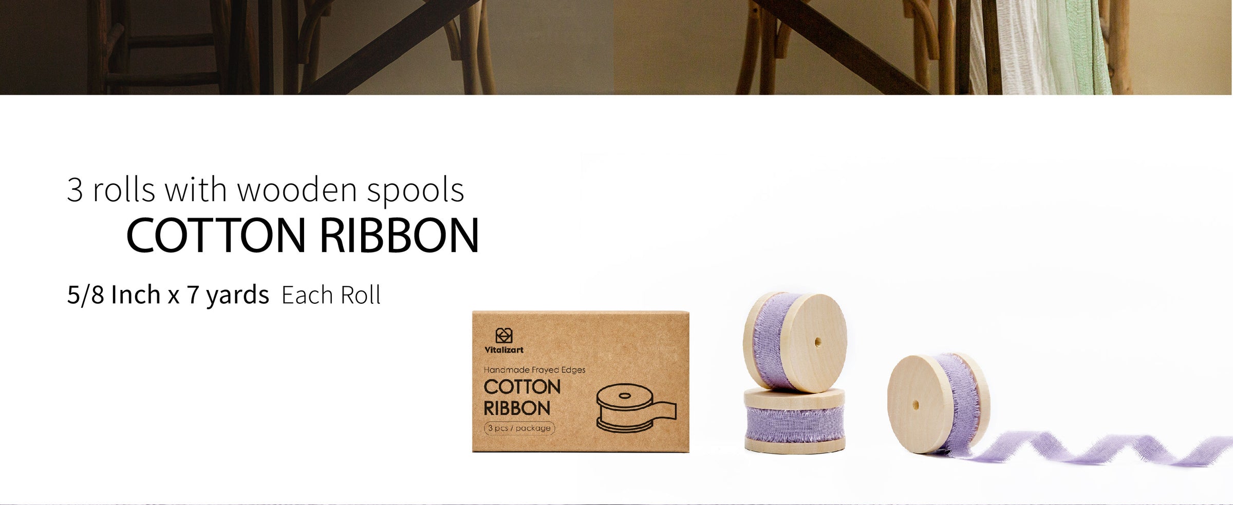 Three wooden spools of lavender frayed cotton ribbon, each labeled 5/8 inch by 7 yards