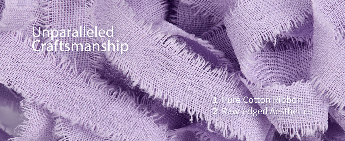 Macro view of lavender woven cotton ribbon with soft frayed edges and an open-textured weave