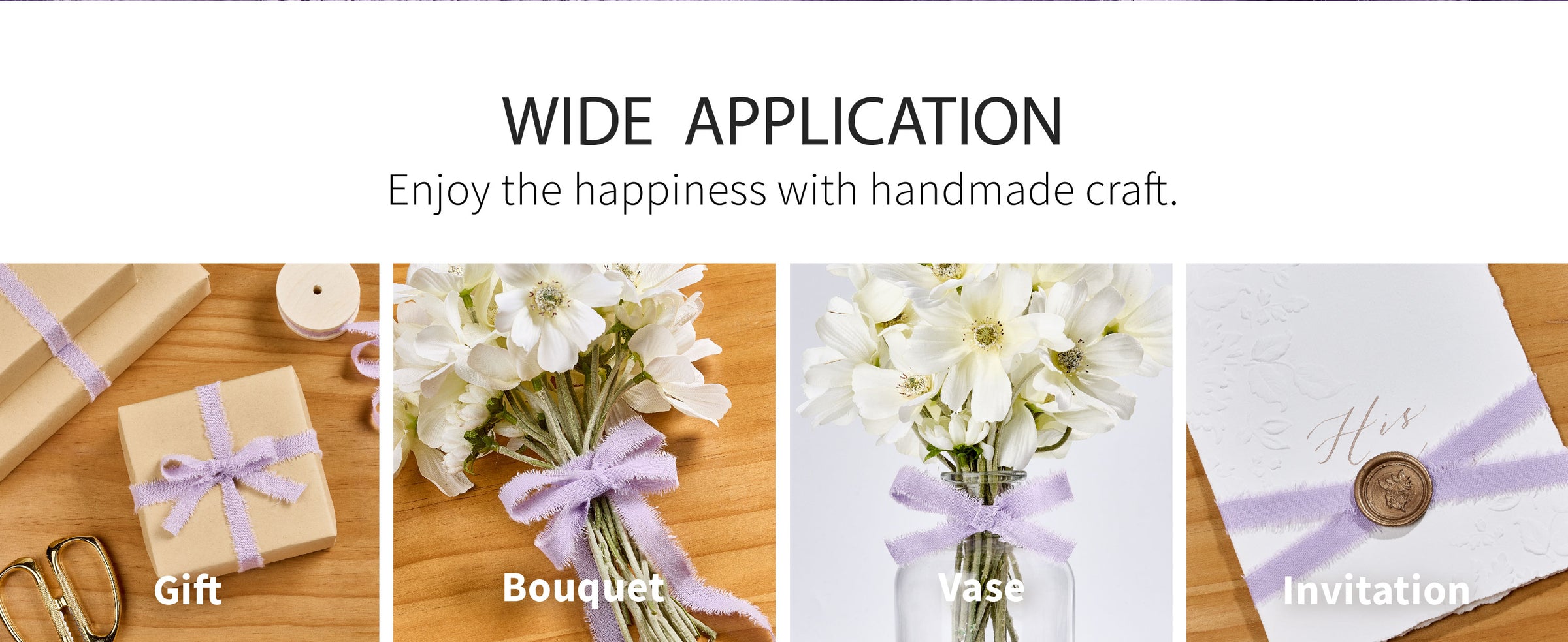Lavender fringed cotton ribbon tied around a kraft gift and a white flower bouquet