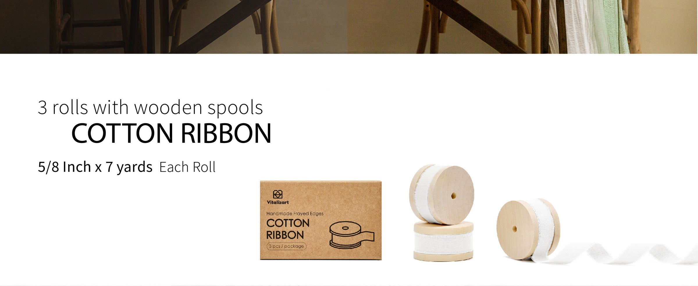 Three 7-yard rolls of 5/8-inch white frayed cotton ribbon on wooden spools beside a kraft box