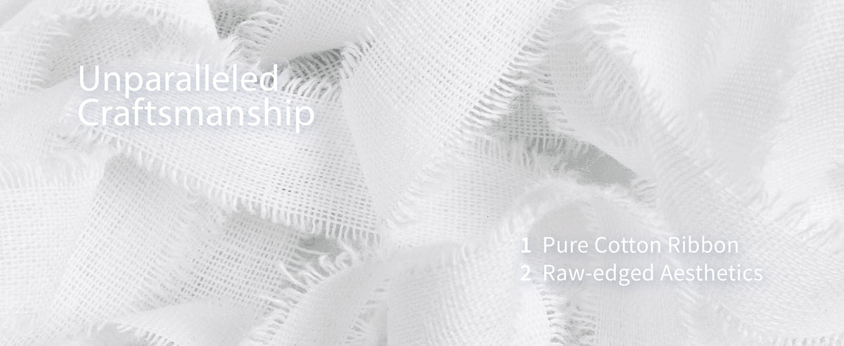 Close-up of loosely woven white cotton ribbon with soft, raw frayed edges