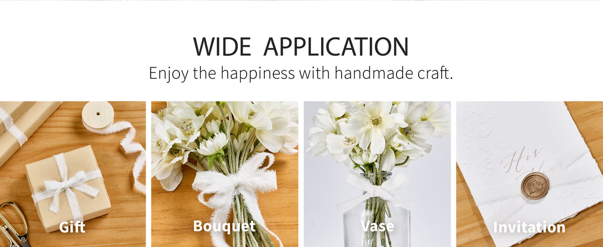 White frayed cotton ribbon tied in bows around a kraft gift box and a white flower bouquet