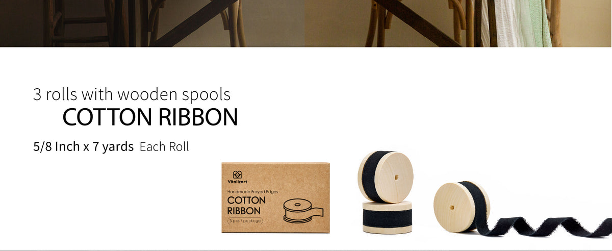 Three 7-yard rolls of 5/8-inch black frayed cotton ribbon on wooden spools beside a kraft box