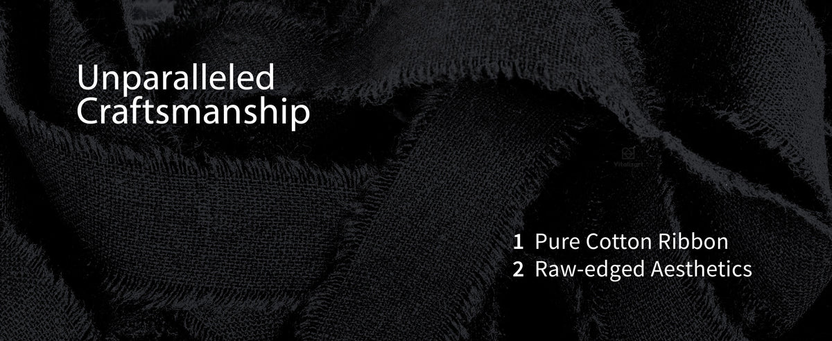 Close-up of loosely woven black cotton ribbon with soft, raw frayed edges