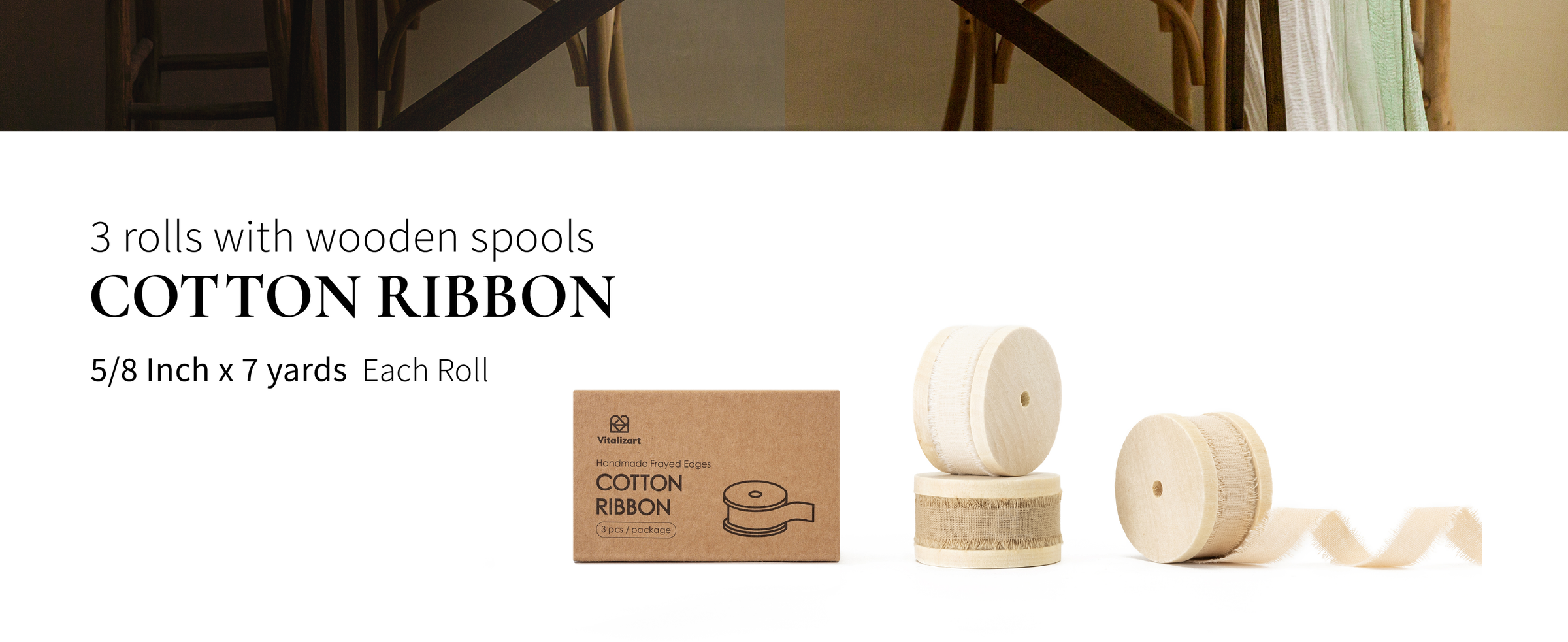 Three ivory, beige, and tan cotton ribbons on wooden spools, each 5/8 inch wide and 7 yards long