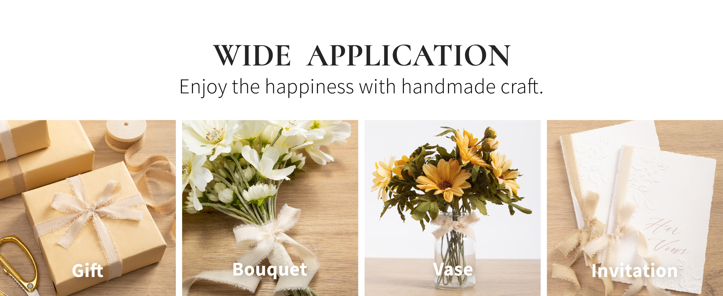 Beige frayed cotton ribbon tied around a kraft gift box and a white flower bouquet