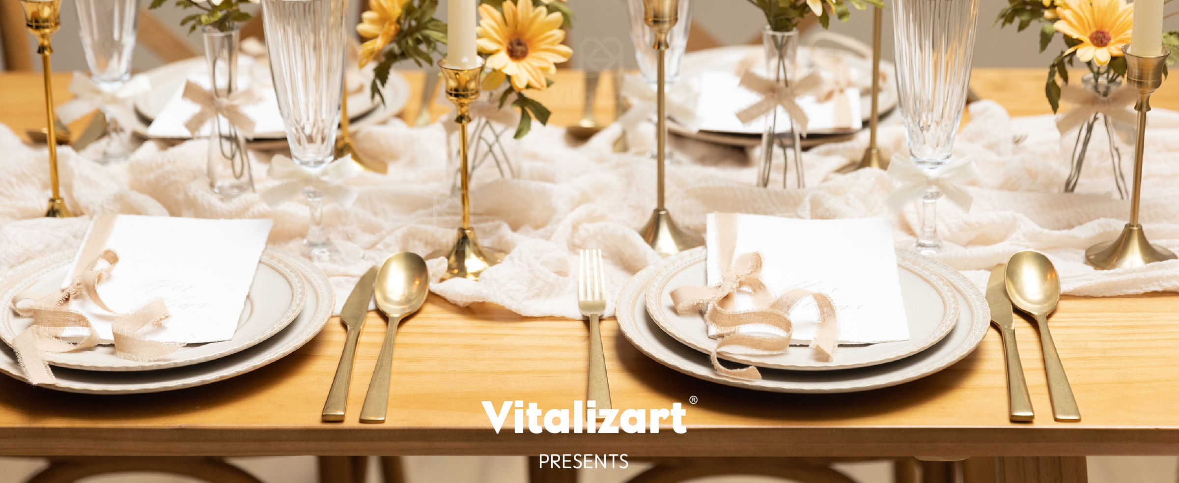 Ivory and beige frayed cotton ribbons decorate place cards and flower vases on a candlelit table