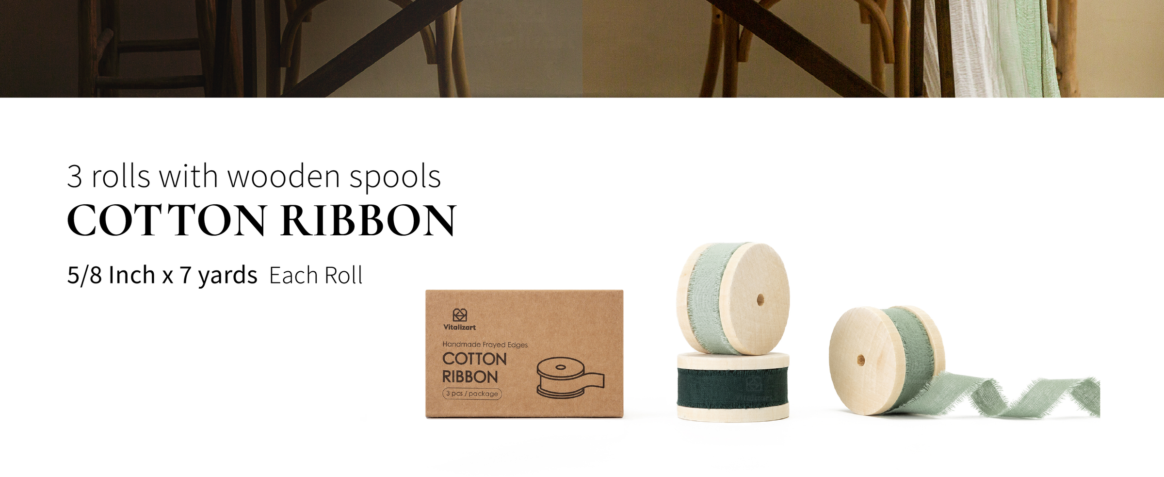 Three sage and dark green cotton ribbons on wooden spools, each 5/8 inch wide and 7 yards long