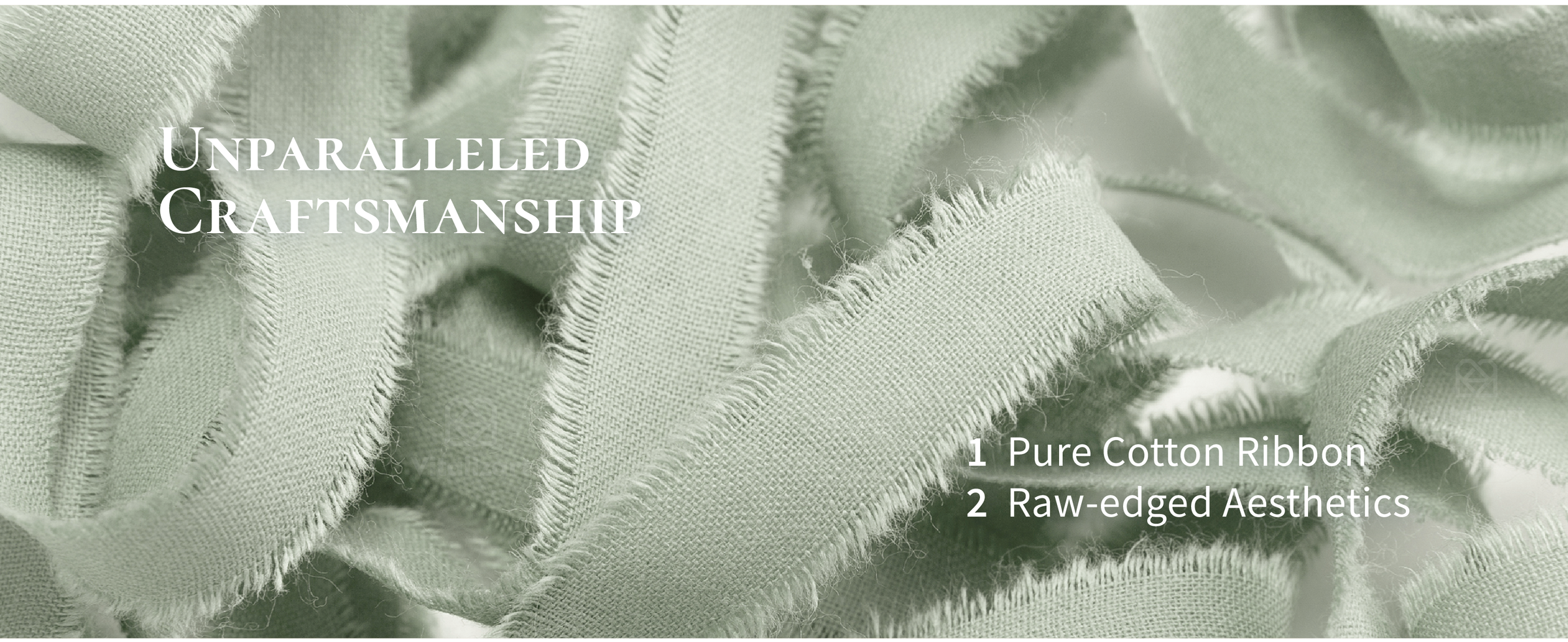 Close-up of sage green cotton ribbon showing its woven texture and softly frayed raw edges