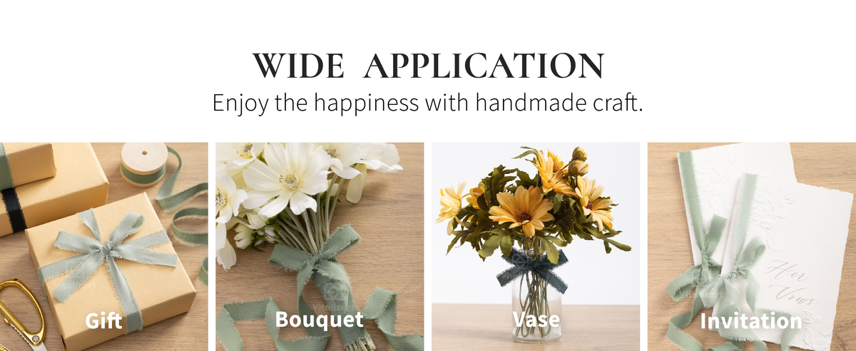 Sage green frayed cotton ribbon tied around a kraft gift box and a white flower bouquet