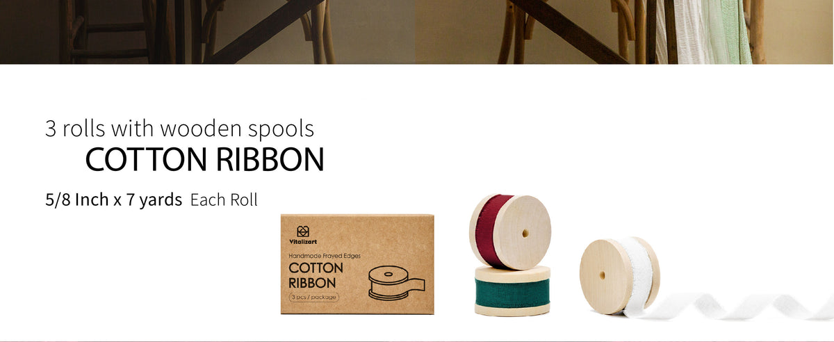 Three red, green, and white cotton ribbon rolls on wooden spools, each 5/8 inch by 7 yards