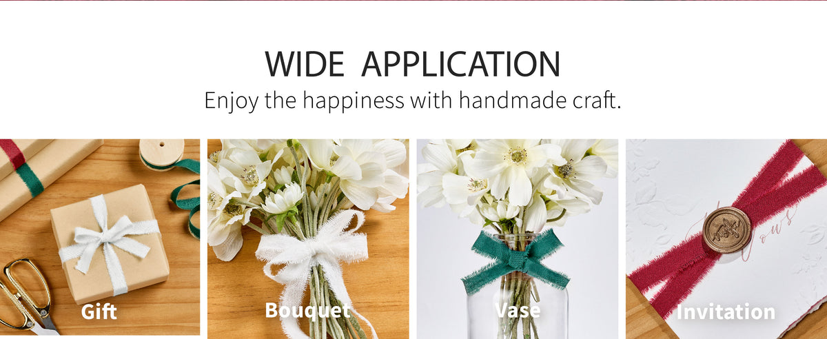 White frayed cotton ribbon tied around a kraft-paper gift and a bouquet of white flowers