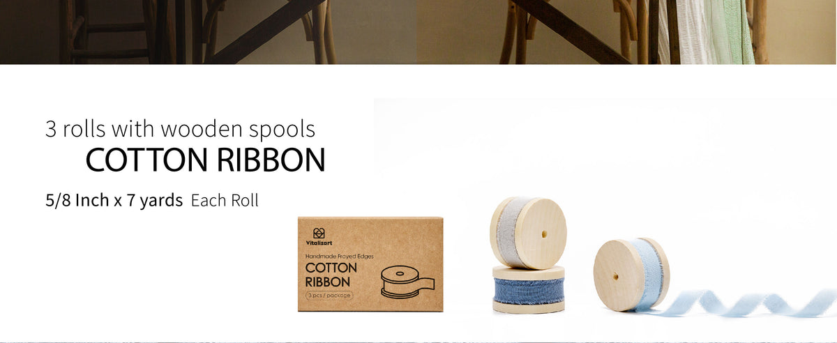 Three wooden spools of white, medium blue, and light blue cotton ribbon, each 5/8 inch by 7 yards