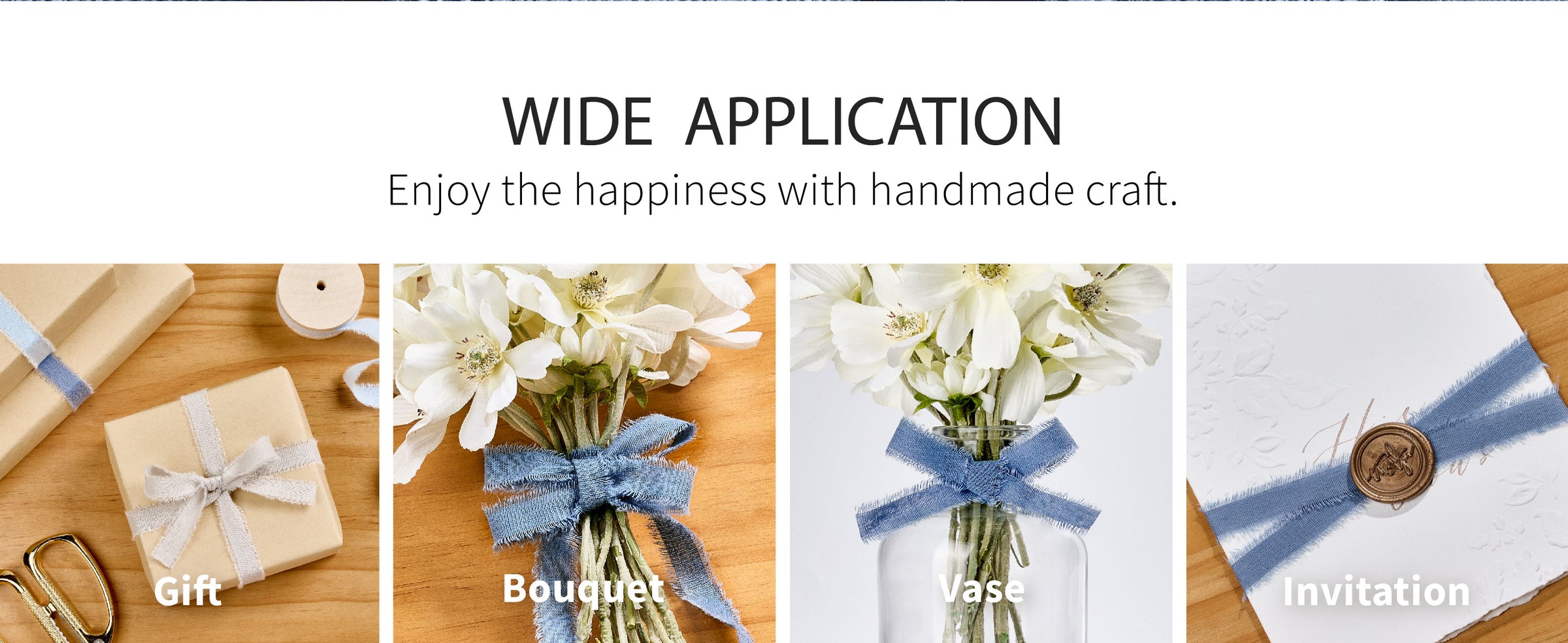 Frayed cotton ribbon used to wrap neutral gifts and tie a medium-blue bow around a white flower bouquet