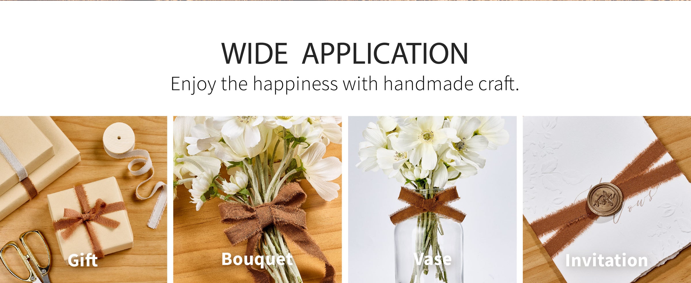Brown fringed cotton ribbon tied around a cream gift box and a bouquet of white flowers.