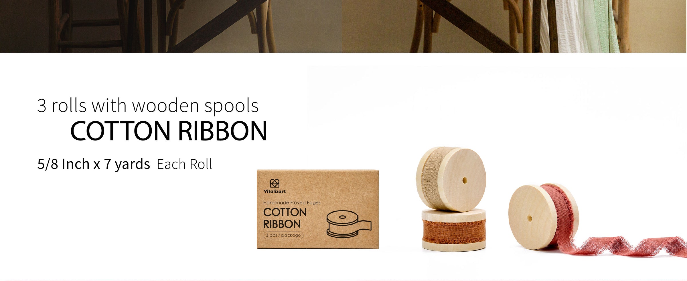 Three rolls of beige, brown, and terracotta fringed cotton ribbon on wooden spools beside the package.