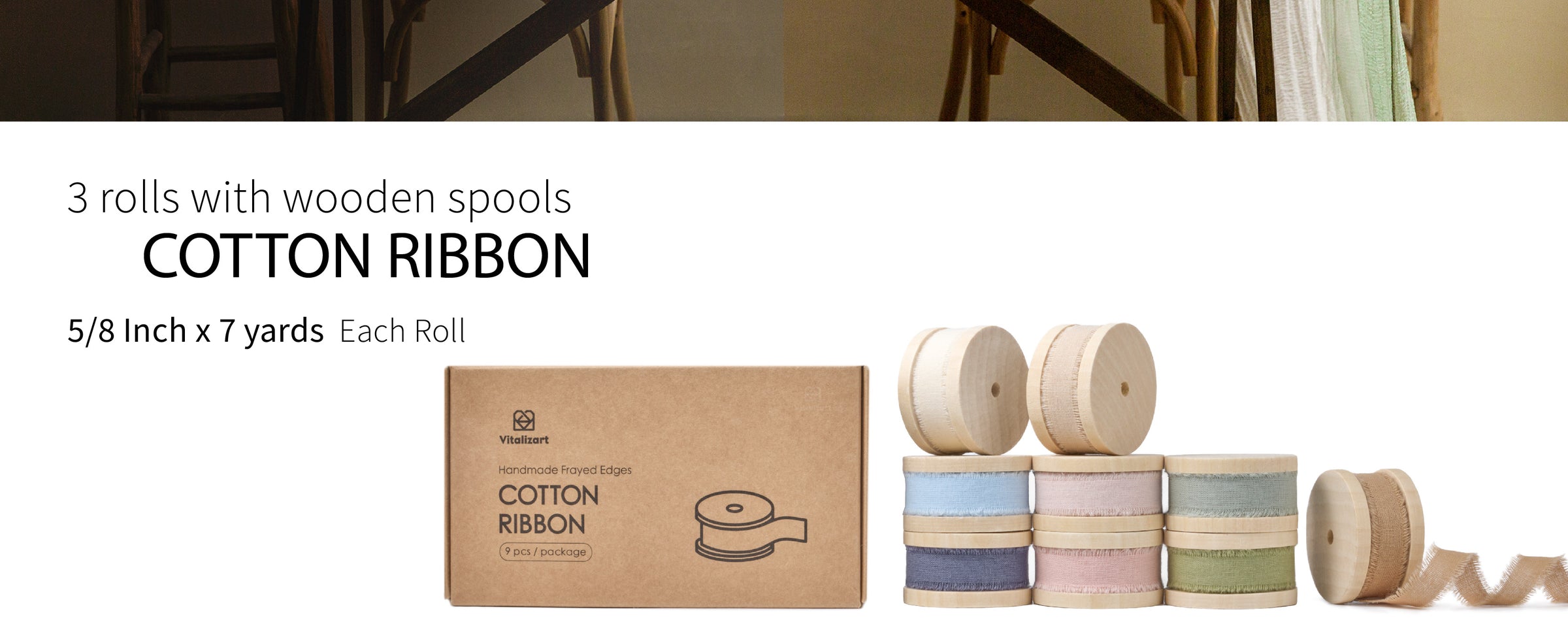 Nine rolls of fringed cotton ribbon in muted mixed colors on wooden spools beside a kraft box.