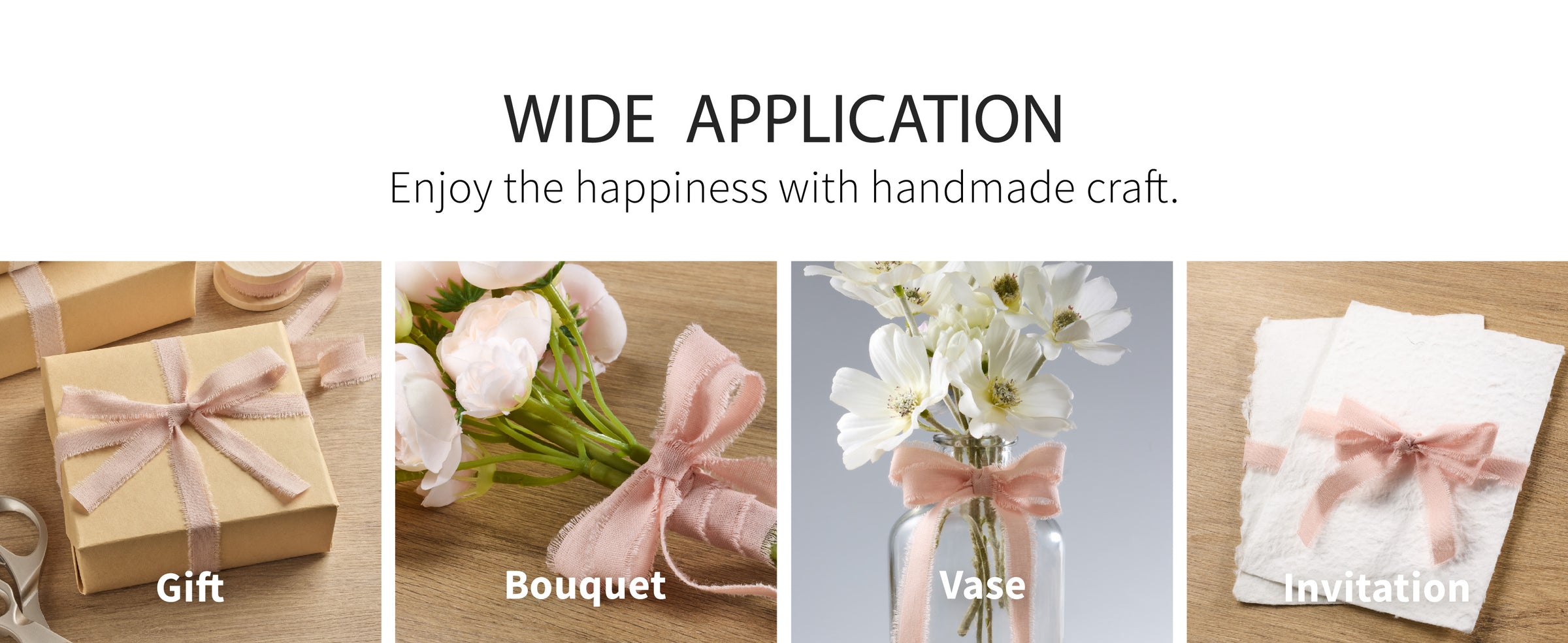 Pale pink fringed cotton ribbon tied around kraft gift boxes and a white flower bouquet.