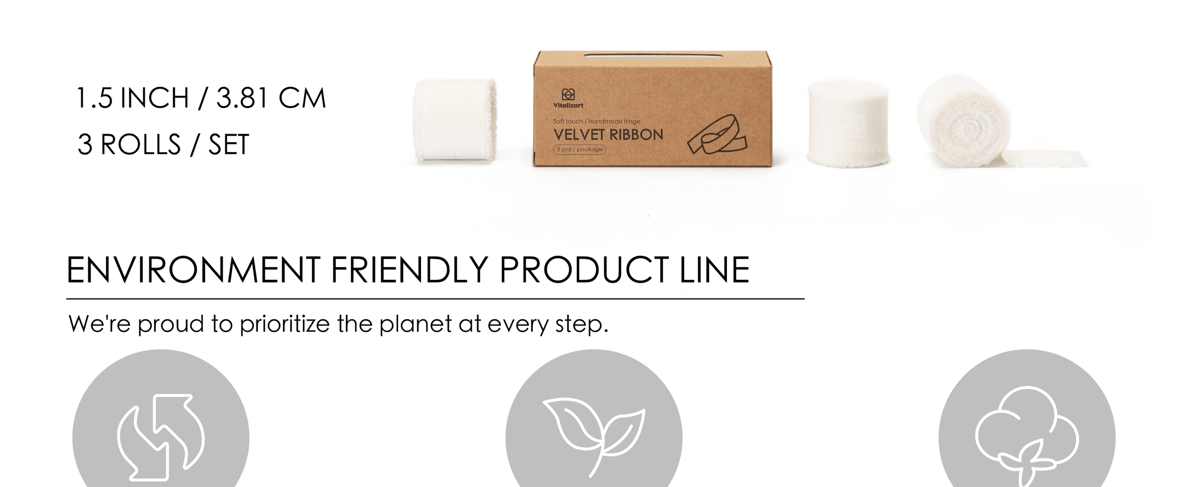 Three rolls of 1.5-inch ivory velvet ribbon with fringed edges displayed beside a kraft box.