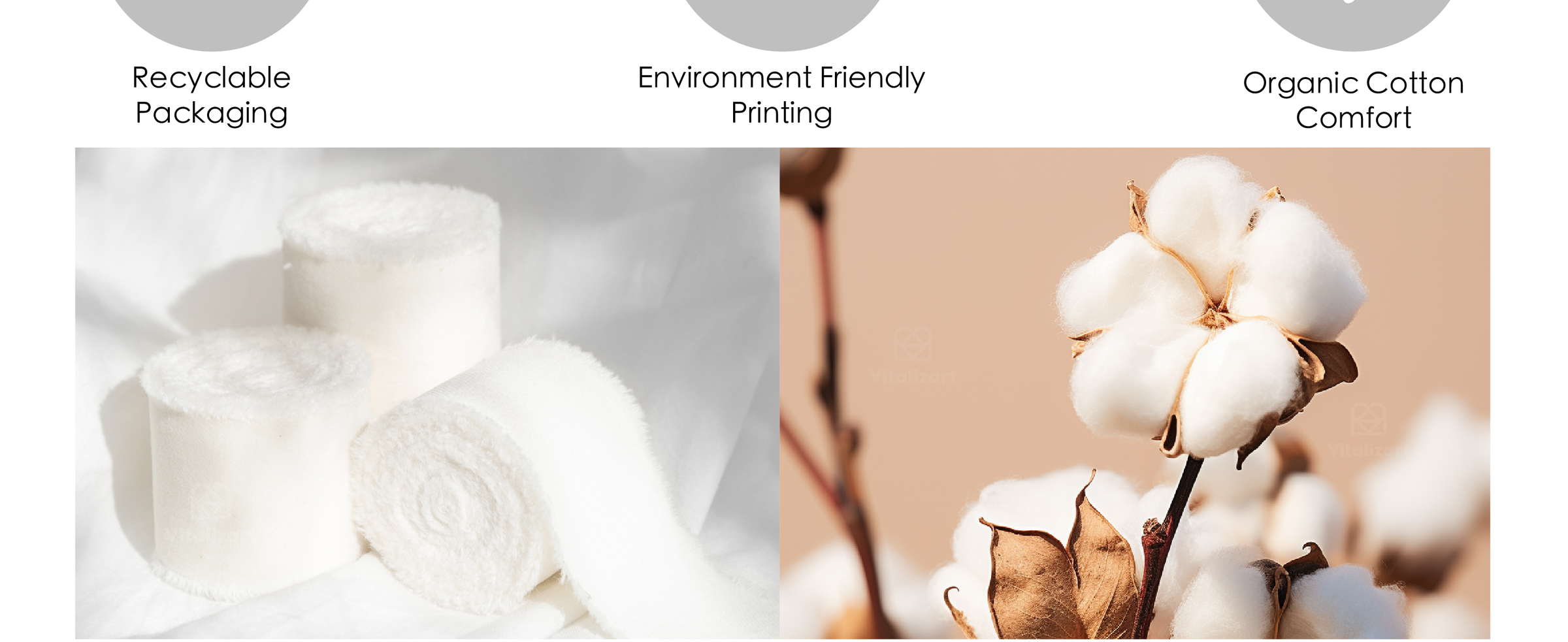 Ivory ribbon rolls beside a cotton plant, with icons for packaging, printing, and cotton material.