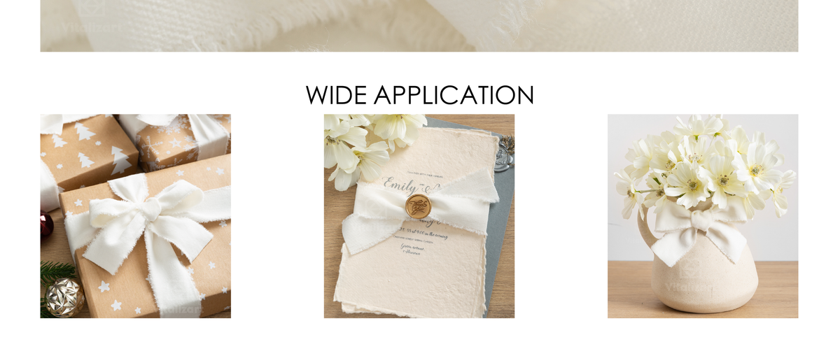 Ivory fringed ribbon tied on kraft gifts, a wax-sealed invitation, and a white flower vase.