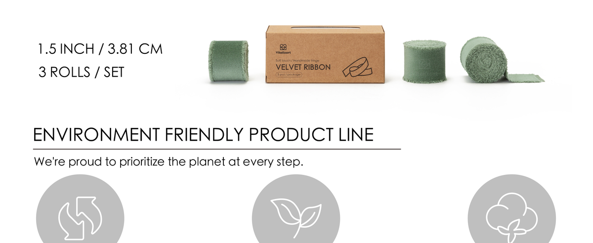 Three 1.5-inch dusty green frayed velvet ribbon rolls with kraft storage box
