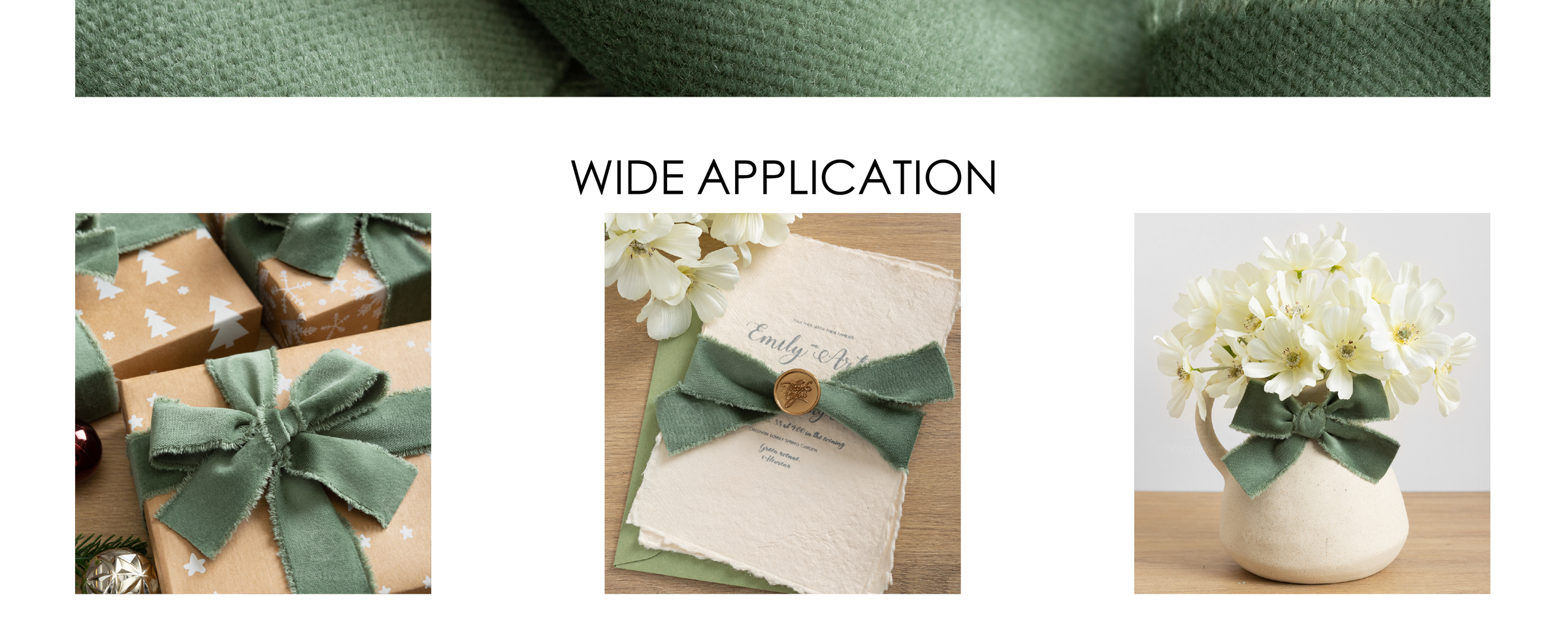 Dusty green frayed ribbon decorating wrapped gifts, a wax-sealed invitation, and a flower vase