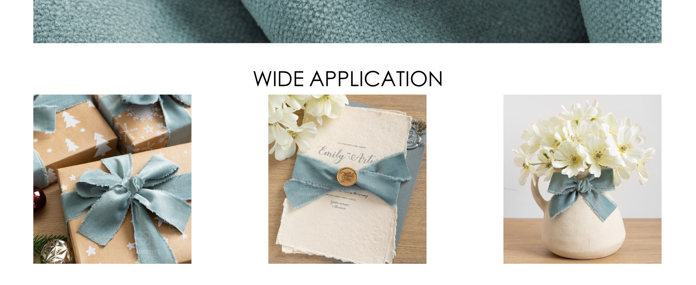 Dusty blue frayed ribbon decorating wrapped gifts, a wax-sealed invitation, and a flower vase