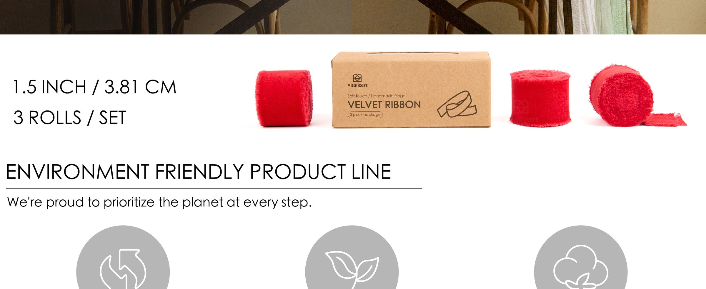 Three vivid red 1.5-inch velvet ribbon rolls with fringed edges beside a kraft storage box