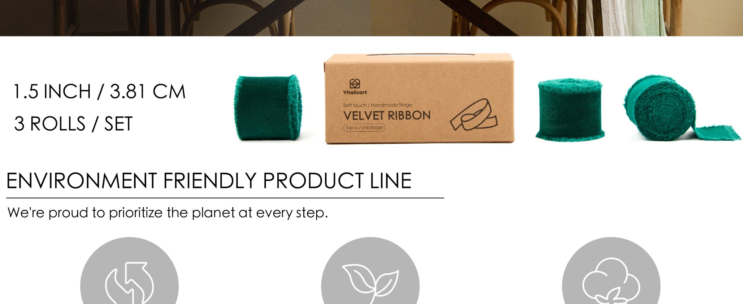Three dark green 1.5-inch velvet ribbon rolls with fringed edges beside a kraft storage box