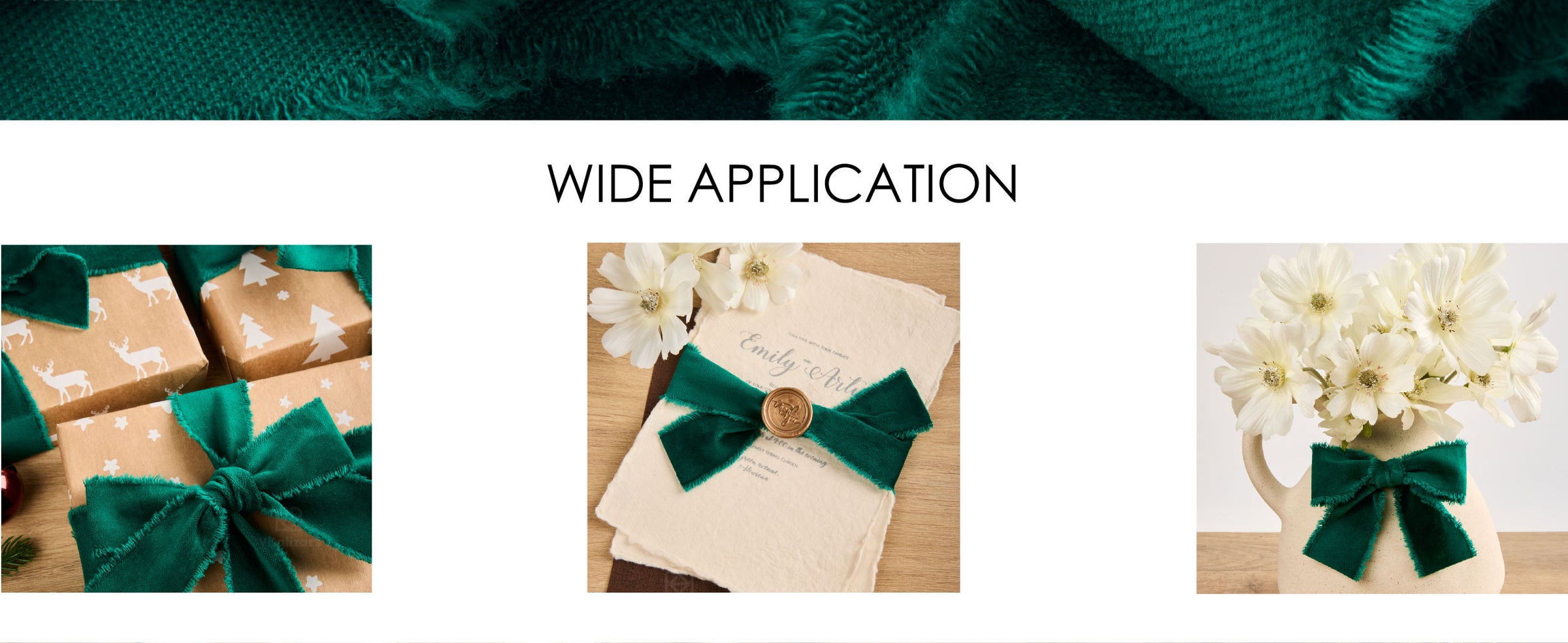 Dark green fringed velvet ribbon on gift boxes, a wax-sealed invitation, and a flower pitcher