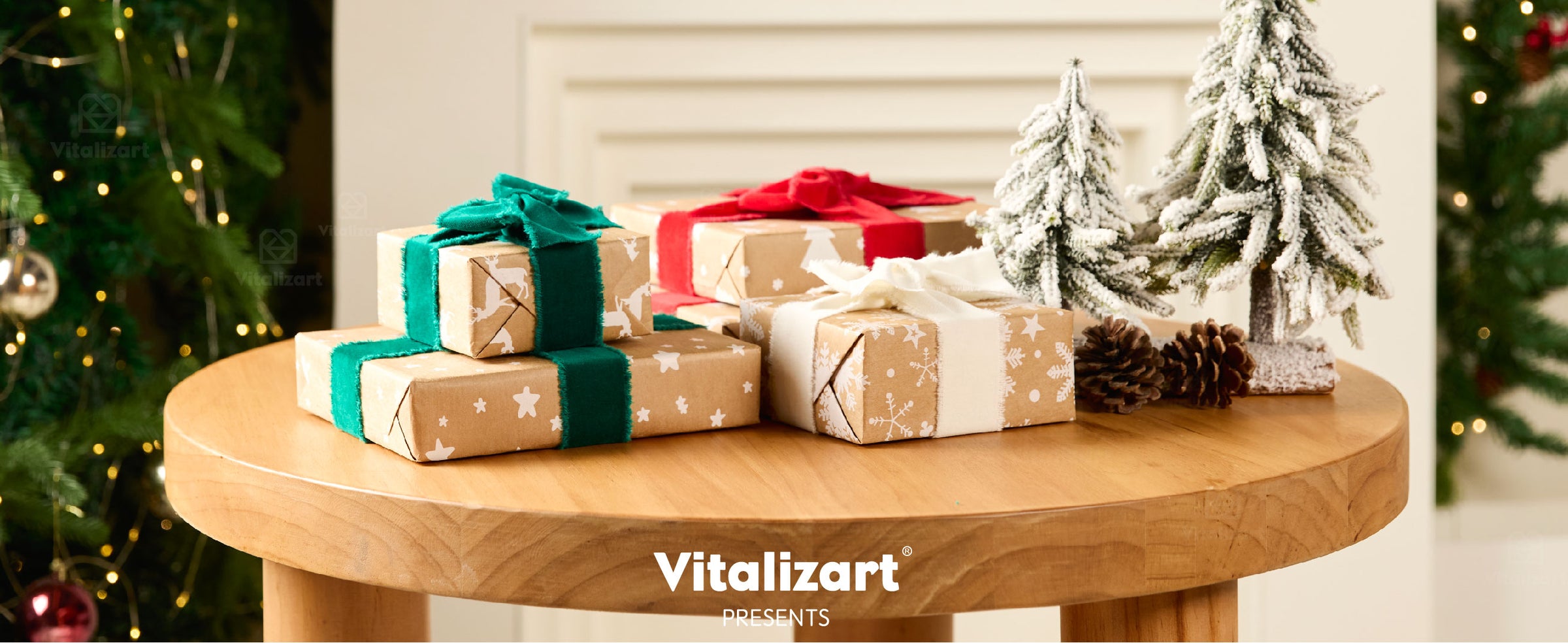 Christmas gifts tied with green, red, and white fringed velvet ribbon on a festive table