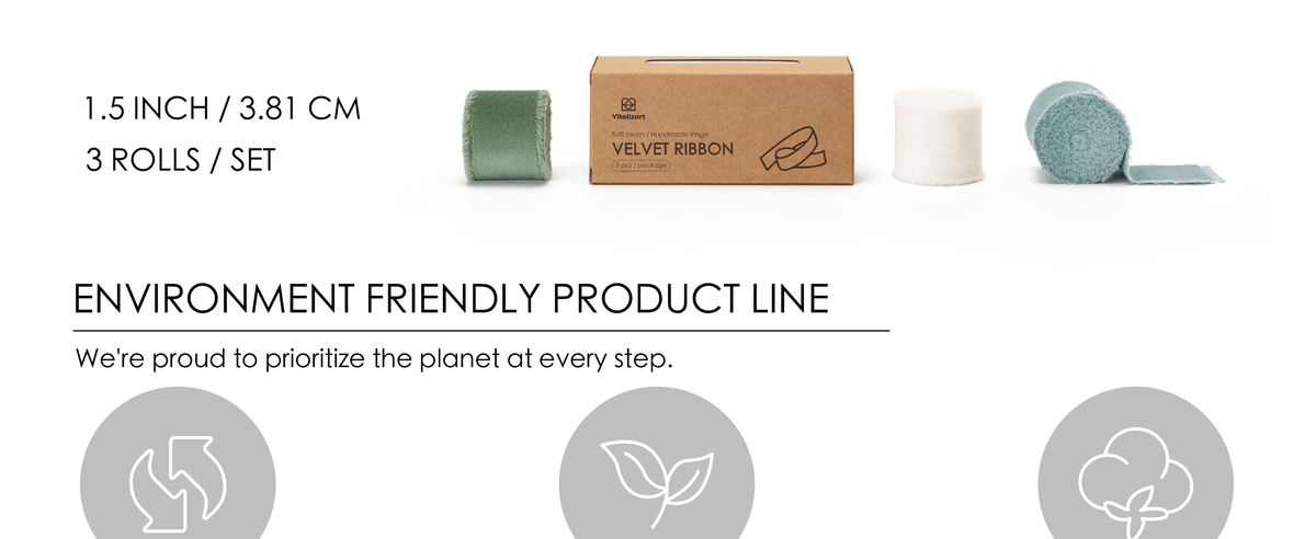 Three 1.5-inch velvet ribbon rolls in dusty green, ivory, and dusty blue with kraft packaging.