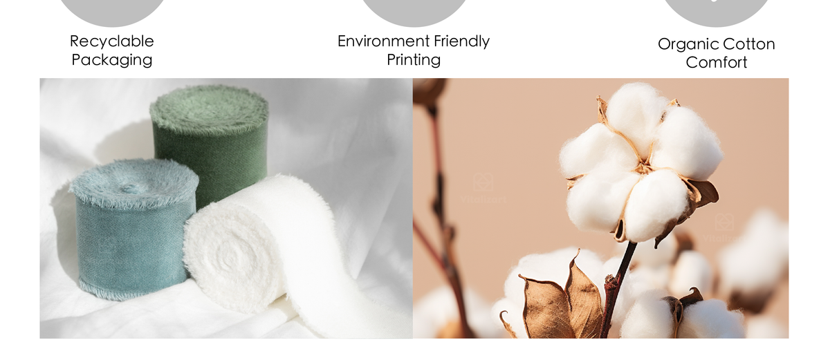 Dusty blue, dusty green, and ivory fringed velvet ribbon rolls beside white cotton bolls.