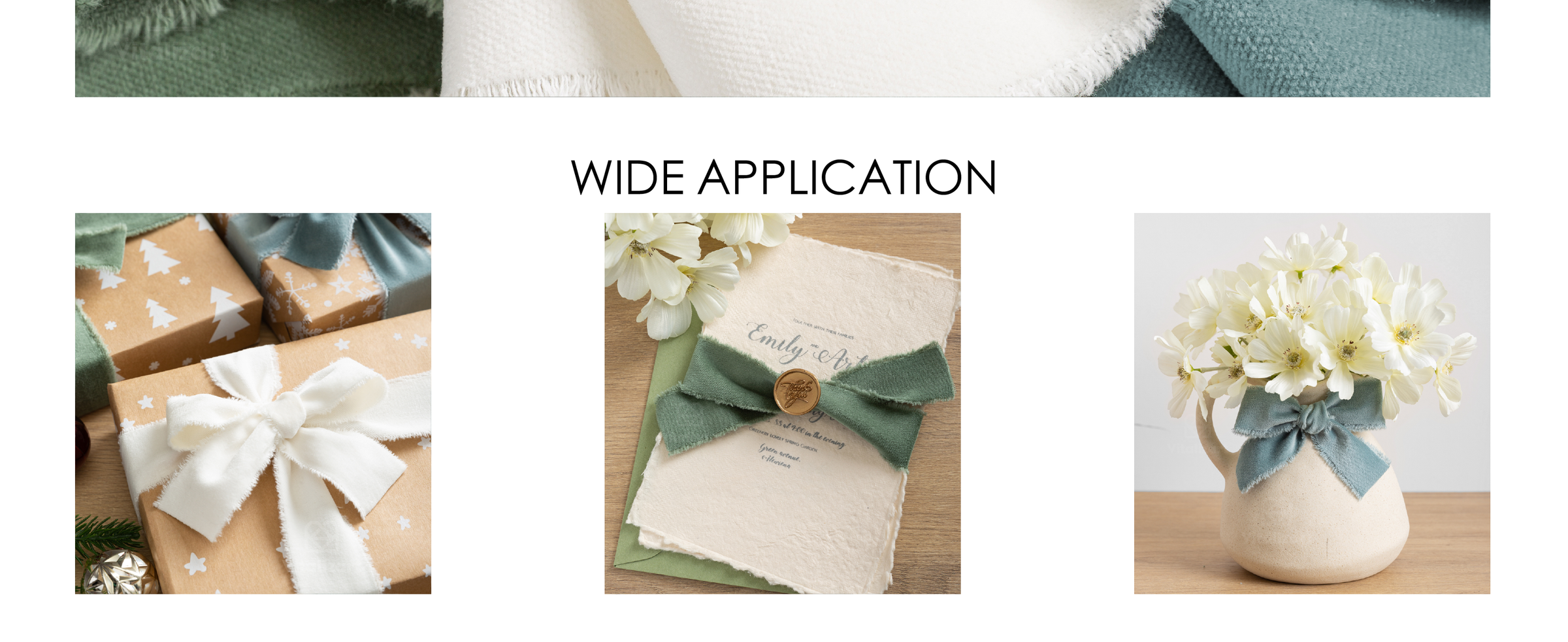 Fringed velvet ribbons decorate gift boxes, a sealed invitation, and a flower-filled vase.
