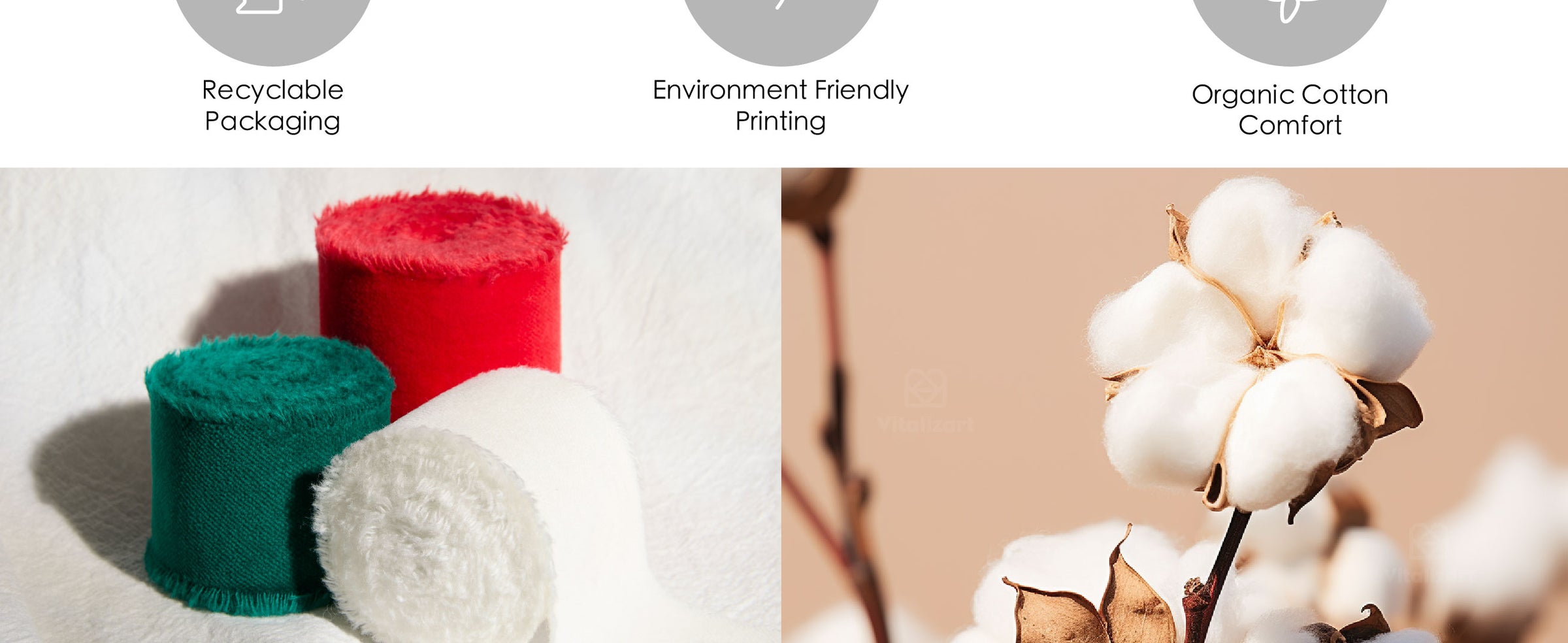 Green, red, and ivory fringed velvet ribbon rolls displayed beside white cotton bolls.