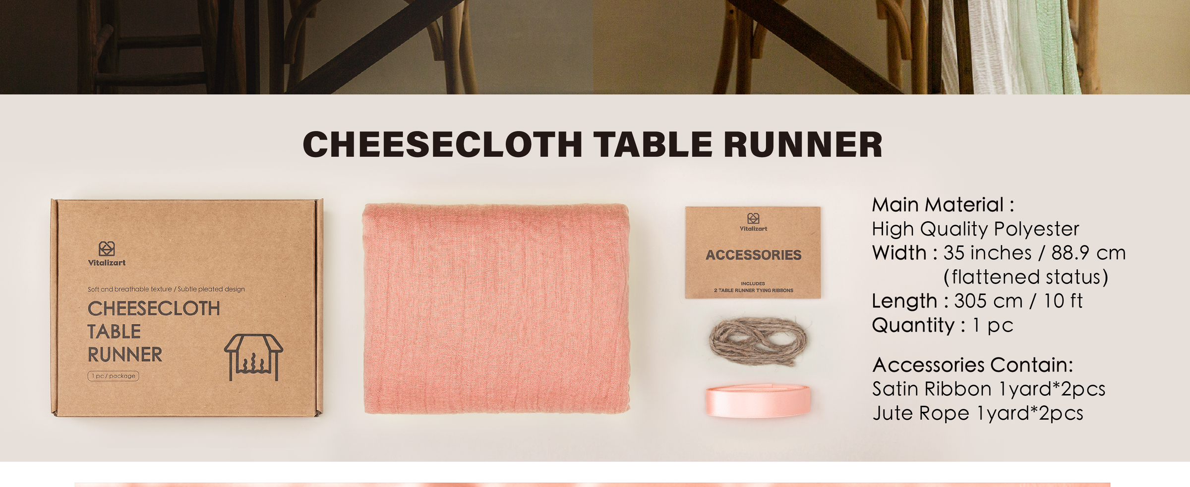Peach polyester cheesecloth table runner with box, jute rope, and matching satin ribbon accessories