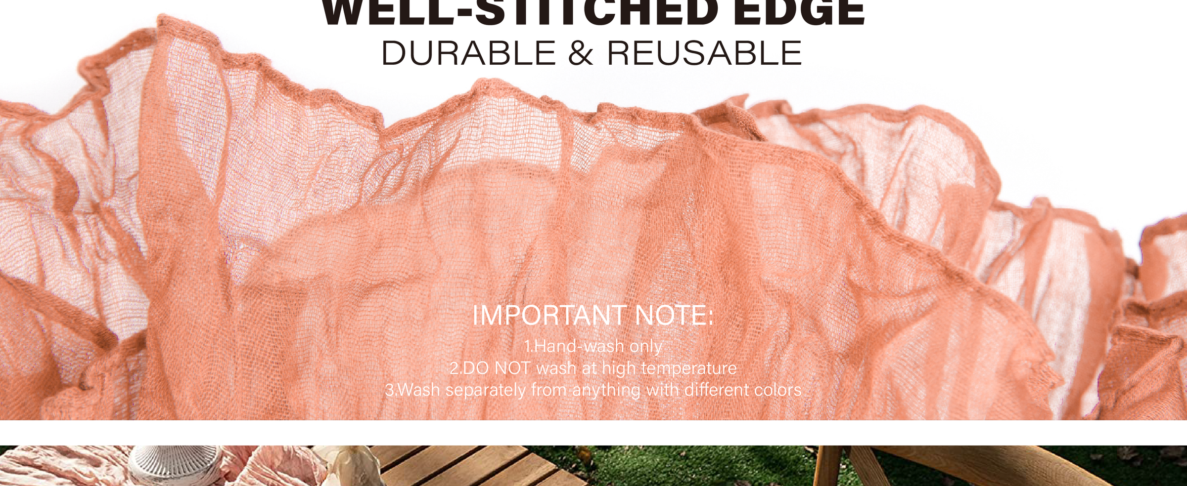 Ruffled stitched edge of a sheer peach cheesecloth table runner with hand-wash care guidance