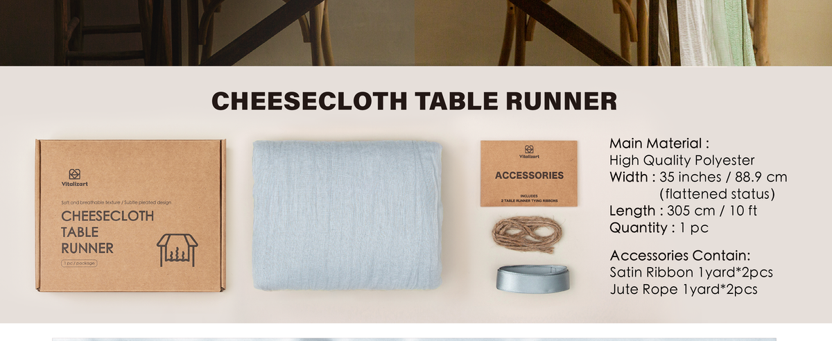 Gray-blue polyester table runner with package, natural jute rope and matching satin ribbon