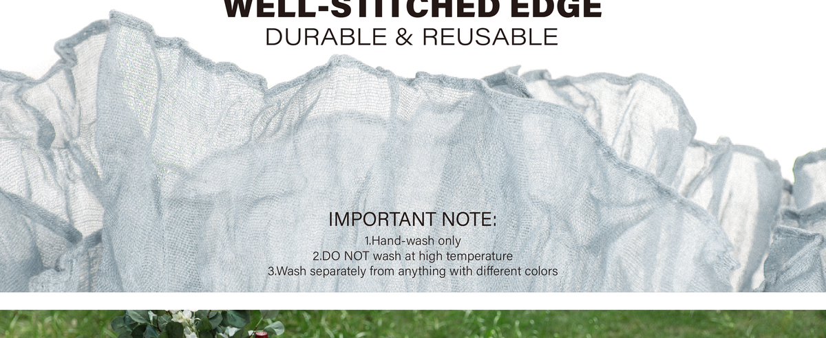 Stitched edge of a sheer gray-blue cheesecloth table runner with hand-wash care instructions
