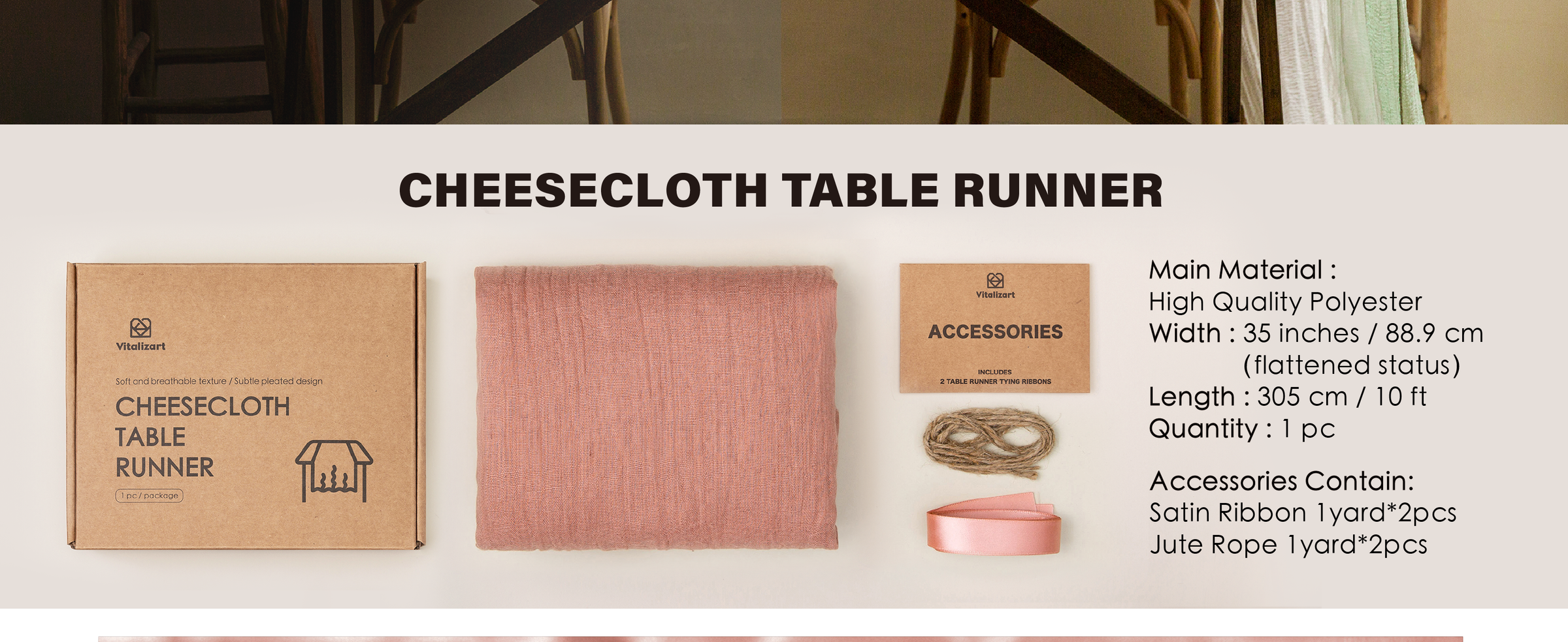 Peach-coral polyester table runner with package, natural jute rope and matching satin ribbon