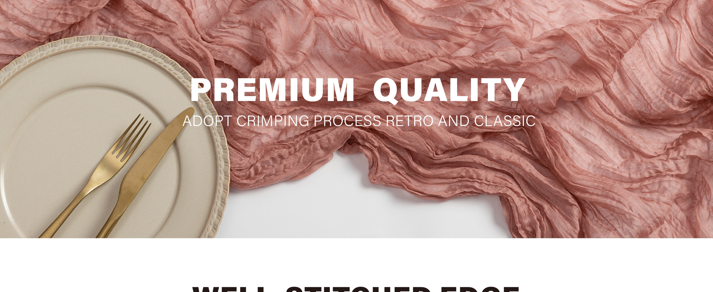 Peach-coral cheesecloth table runner in crinkled folds beside a cream plate and gold flatware